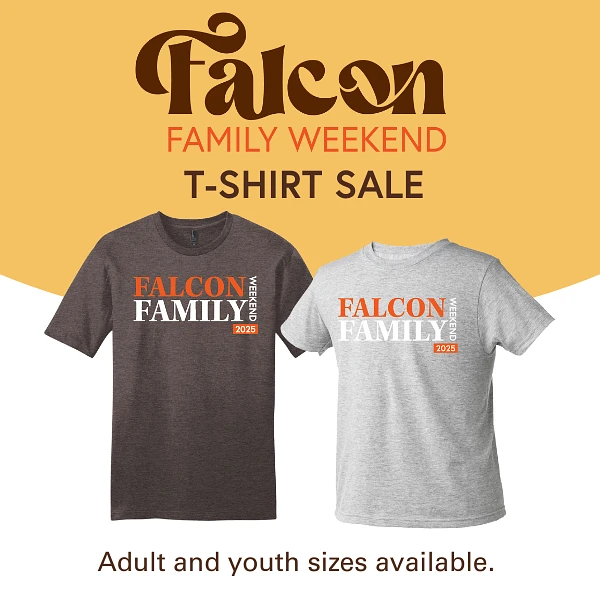 Two t-shirts promoting a "Falcon Family Weekend" t-shirt sale with a note about available adult and youth sizes.