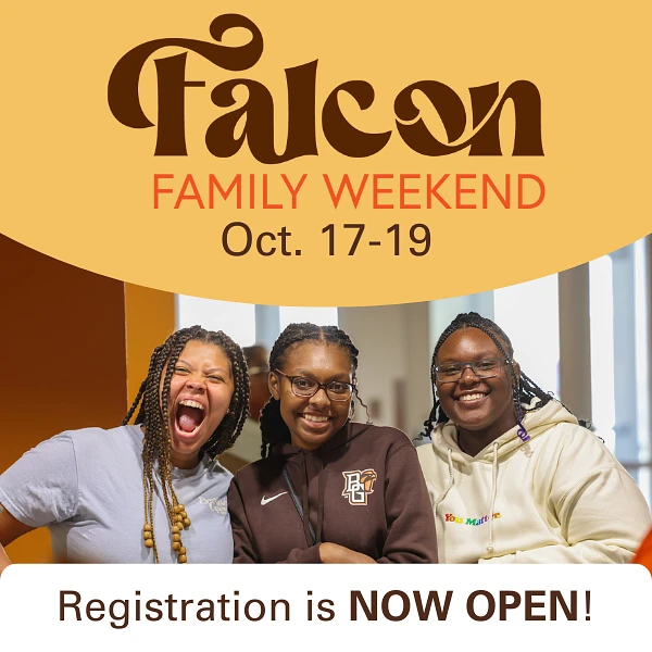 Three smiling individuals are promoting Falcon Family Weekend, scheduled for October 17-19, with registration now open.